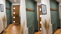 three pictures of the inside of a house with wood floors and green walls, two doors on each side