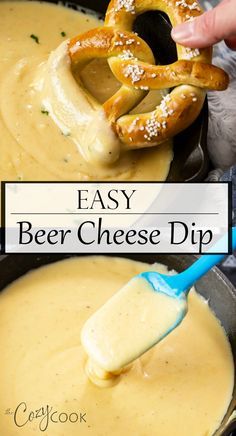 the recipe for beer cheese dip with pretzels being drizzled over it