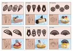 different types of chocolates and pastries are shown in this image, including cake decorations