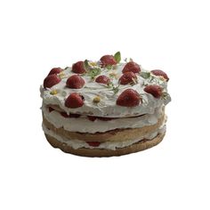 a cake with white frosting and strawberries on top is shown in front of a white background