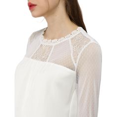 The floral lace makes this gauzy top a romantic night-out option. Floral embroidery embellishes the lace of a romantic blouse with a ruffled neck trim. Turn on the charm in this lacy blouse cut with a keyhole back and delicate frilled cuffs. Timeless charm evokes itself in this homespun blouse that's decorated with lace. Lacy sleeves add texture and movement to a top that exemplifies vintage refinement. Made of airy eyelet lace, this swingy top nails that whole peasant thing with pretty shirring White Feminine Lace Top With Lace Trim, Feminine Spring Tops With Lace Collar, Feminine Spring Lace Top For Party, Feminine Spring Lace Top, Feminine Lace Top For Spring Party, Summer Evening Tops With Lace Sleeves, Summer Evening Top With Lace Sleeves, Party Lace Tops With Lace Trim, Delicate Lace Top For Spring