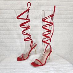 Beautiful Sateen 4" Slim Gold Tone Heels 50" Long Tie Up Straps Open Square Foot-Bed Runs True To Size Red Strappy Heels Outfit, Strappy Heels Outfit, Red Strappy Heels, Shoes Outfit Fashion, Heels Outfits, High Fashion Outfits, You Are Important, Red High, Heel Sandal