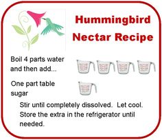 four measuring cups with hummingbird nectar recipe written below the words, boil 4 parts water and then add one part table sugar