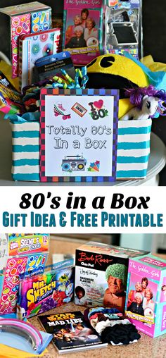 a box filled with children's books on top of a table next to a sign that says, 80's in a box