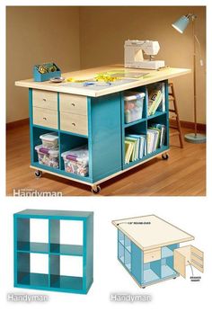 the sewing table is made from an old desk and has drawers on each side for storage