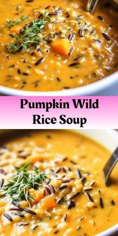 two pictures of pumpkin wild rice soup