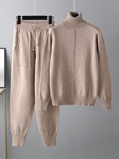 Casual Solid Long Sleeves High-Neck Sweater Tops  &  Drawstring Wide Leg Pants Suits  PURPLE-One_size Best Loungewear Sets, Sweater Two Piece Set, Winter Turtleneck, Wide Leg Pant Suit, Casual Turtleneck, Solid Color Sweater, Sweater Tops, Y2k Aesthetic Outfits, High Neck Sweater