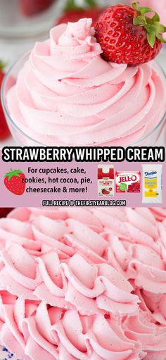 Strawberry Whipped Cream pin with overlay text Vanilla Cake With Strawberry Filling Whipped Cream, Whipped Frosting Flavors, Almond Whipped Cream Frosting, Whipped Pudding Frosting, Strawberry Angel Food Cupcakes, Best Strawberry Frosting, Strawberries Cream Cake, Angel Food Icing, Strawberry Whipped Icing Recipe