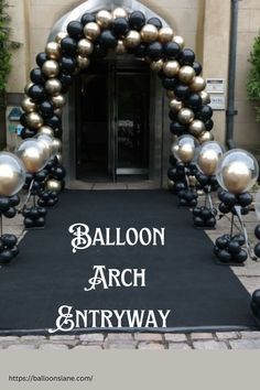 balloon arch entryway with black and gold balloons on it for an entrance to a building