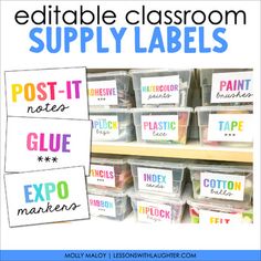 classroom supply labels with the words, editable classroom supply labels and post - it notes