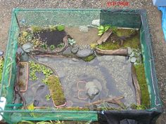 a small garden with rocks and plants in the center, surrounded by mesh netting over it