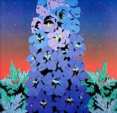 a painting of blue flowers in front of a purple sky with stars and trees around it