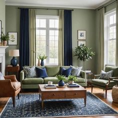 a living room filled with furniture and a fire place in front of a large window