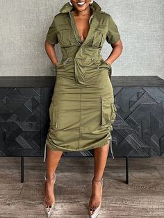 An exclusive offer for you——Affordable prices at Stylewe store, SPU: 11CDR7F1957, Color: Army Green, Dress length:Midi, Accessories:No. Cocktail Chic Attire, Army Green Outfit, Camo Life, Cargo Dress, Afro Caribbean, Urban Shirt, Random Outfits, Army Green Dress, Caribbean Style