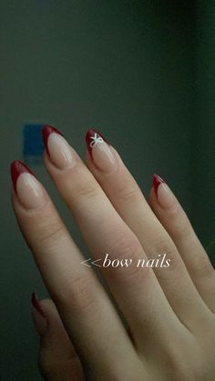 Nail Ideas Simple Acrylic, Cute Nails Burgundy, Simple Nail Designs Short Nails Almond, Simple Nails Red And White, Grunge Nail Designs For Short Nails, Nail Acrylic Simple, Red French Nails With Bow, Simple Red Design Nails, Nail Ideas Rounded Shape