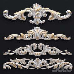 three different types of decorative metal work on a black background, one is white and the other is gold