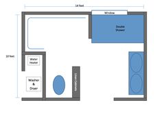 a bathroom floor plan with the measurements for each shower and toilet area, including an adjacent washer and dryer