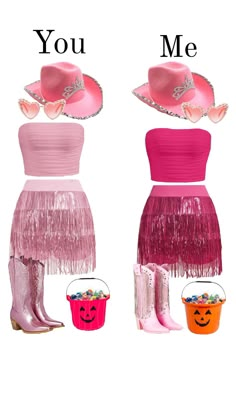 two different types of clothes with hats and fringes on the bottom, one in pink