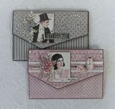 two envelopes decorated with paper and embellishments, one in pink and the other in grey