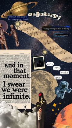 collage of images with words and pictures in the sky, including an open book