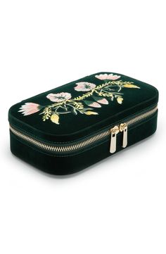 A velvet case embroidered with flowers looks pretty on your dresser top or even in your carry-on when you take your baubles on the go. A large mirror reflects from the inside of the lid, while a matching embroidered flap keeps precious items extra secure in the compact cubby within. Style Name:Wolf Zoe Rectangle Zip Case. Style Number: 5751219. Interior Mirror, Dresser Top, Large Mirror, Jewelry Case, Green Velvet, Forest Green, The Go, Carry On, Zip Around Wallet