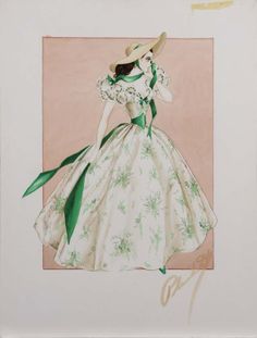 a drawing of a woman in a white dress and hat with green ribbon around her neck