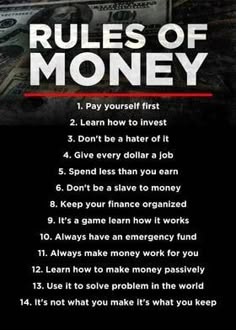 a poster with the rules of money written in red and white on it, along with an image of stacks of cash