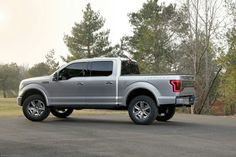 a silver truck is parked on the side of the road in front of some trees