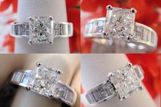 three different views of an engagement ring with two princess cut diamonds on each side and baguetts in the middle