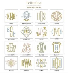 the different types of monograms are shown in gold and white, including letters that spell