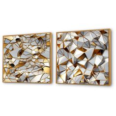 two gold and white wall art pieces with mirrors on the sides, one is made out of