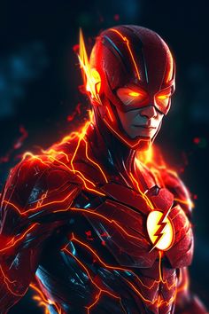 the flash in justice league is glowing red and yellow as he stands with his hands on his chest