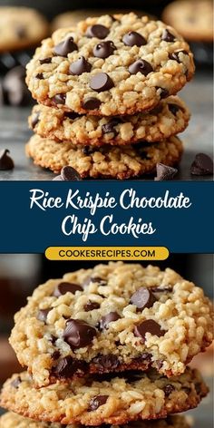 chocolate chip cookies stacked on top of each other with the words rice krispie chocolate chip cookies