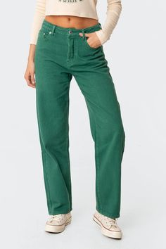 Reigan Wide-Leg Jeans – edikted Forest Green Jeans, Colored Jeans Outfits, Teal Jeans, Green Jeans, Patched Jeans, Swimwear Dress, Dream Clothes, Denim Fabric, S Models