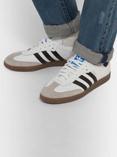 ADIDAS ORIGINALS Samba Suede-Trimmed Leather Sneakers | MR PORTER White Suede Sneakers With Rubber Heel Cap, White Suede Sneakers With Rubber Sole, Classic White Suede Sneakers, Footballers Training, Adidas Samba Outfit Mens, Addias Outfits, Sneakers Uk, Samba Sneakers, Adidas Samba Outfit