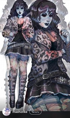 two women dressed in animal print clothing and boots, one with her arms around the other