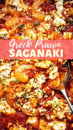 a close up of food on a pan with a spoon in it and the words greek prusu sagganaki