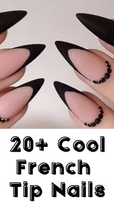 french tip nails with black and white nail art designs on them, in front of a white background