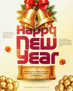 a poster for a new year celebration with bells and presents