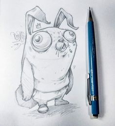 a pencil drawing of a cartoon character with big eyes and a hat on his head