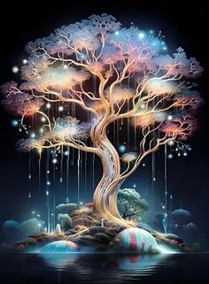 a painting of a tree with colorful lights on it