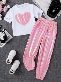 White Casual Collar   Heart,Striped  Embellished Non-Stretch,Medium Stretch  Tween Girls Clothing Heart Patchwork, Long Pants Outfit, Kids Dress Wear, Modest Dresses Casual, Trendy Fashion Tops