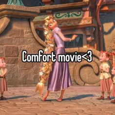 the cartoon characters are talking to each other in front of a stone wall with text that reads, comfort movie - 3