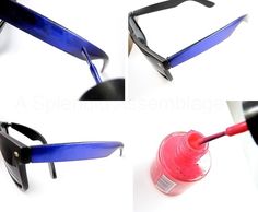 four different views of sunglasses with red liquid in them