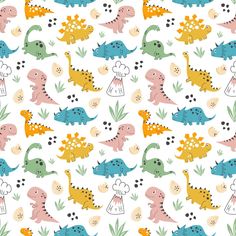 colorful dinosaurs and flowers on a white background with blue, green, pink, yellow and orange colors