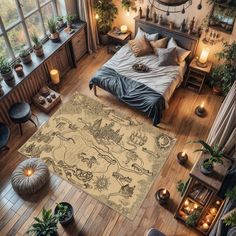 a bedroom with wooden floors and lots of plants on the walls, windows, and rugs