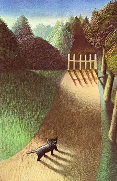 a painting of a black cat walking down a dirt road next to a fence and trees