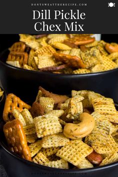 two black bowls filled with chex mix and pretzel crackers in them