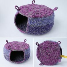 crocheted purple and blue cat bed with zippered closures on the sides