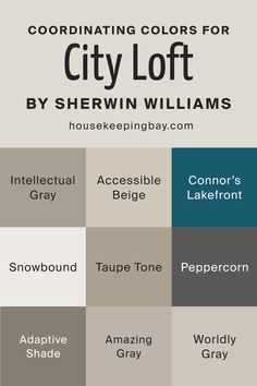 the color palettes for city loft by sherylin williams, including snowbound, taupe tone, and peppercorn gray